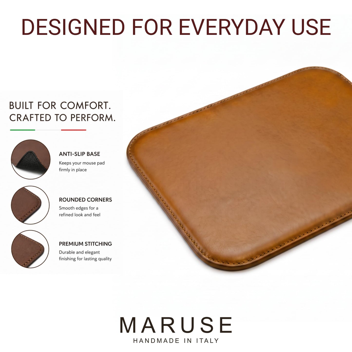 Maruse Italian Leather Mouse Pad for Home or Office Desktop, Handmade in Italy, Honey
