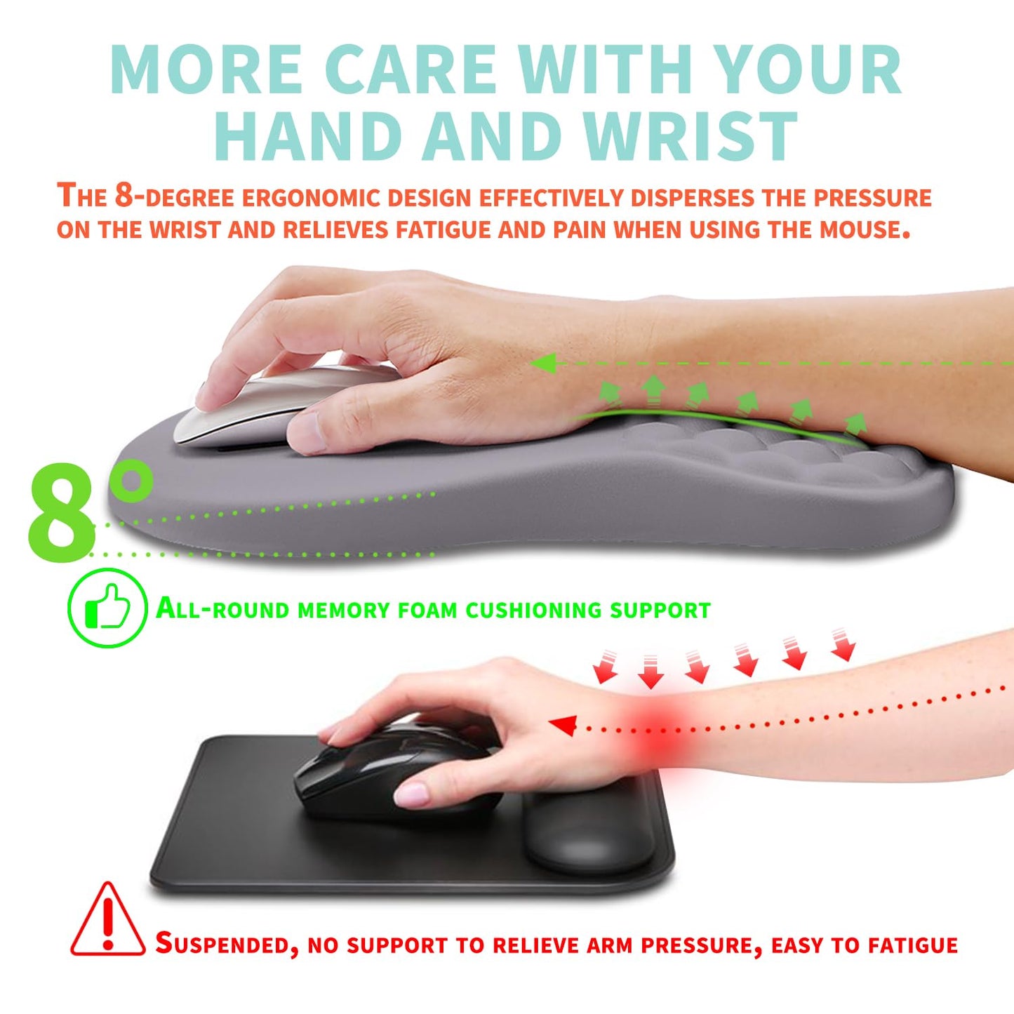 Kuosgm Ergonomic Mouse Pad Wrist Support with Memory Foam Massage Bulge, Carpal Tunnel Pain Relief