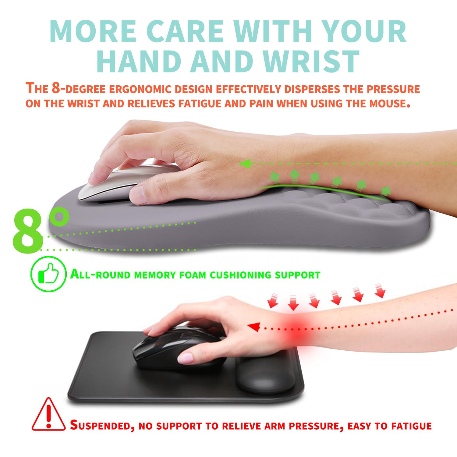 Kuosgm Ergonomic Mouse Pad Wrist Support with Memory Foam Massage Bulge, Carpal Tunnel Pain Relief