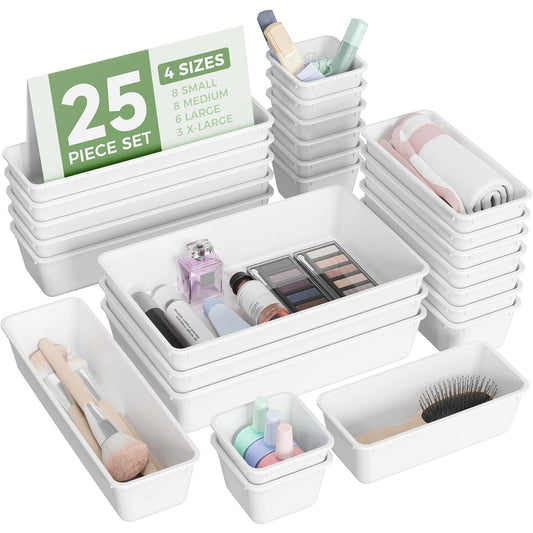 BiuLeon 25 PCS Plastic Drawer Organizers Set, 4-Sizes Vanity and Makeup Organizer, Desk and