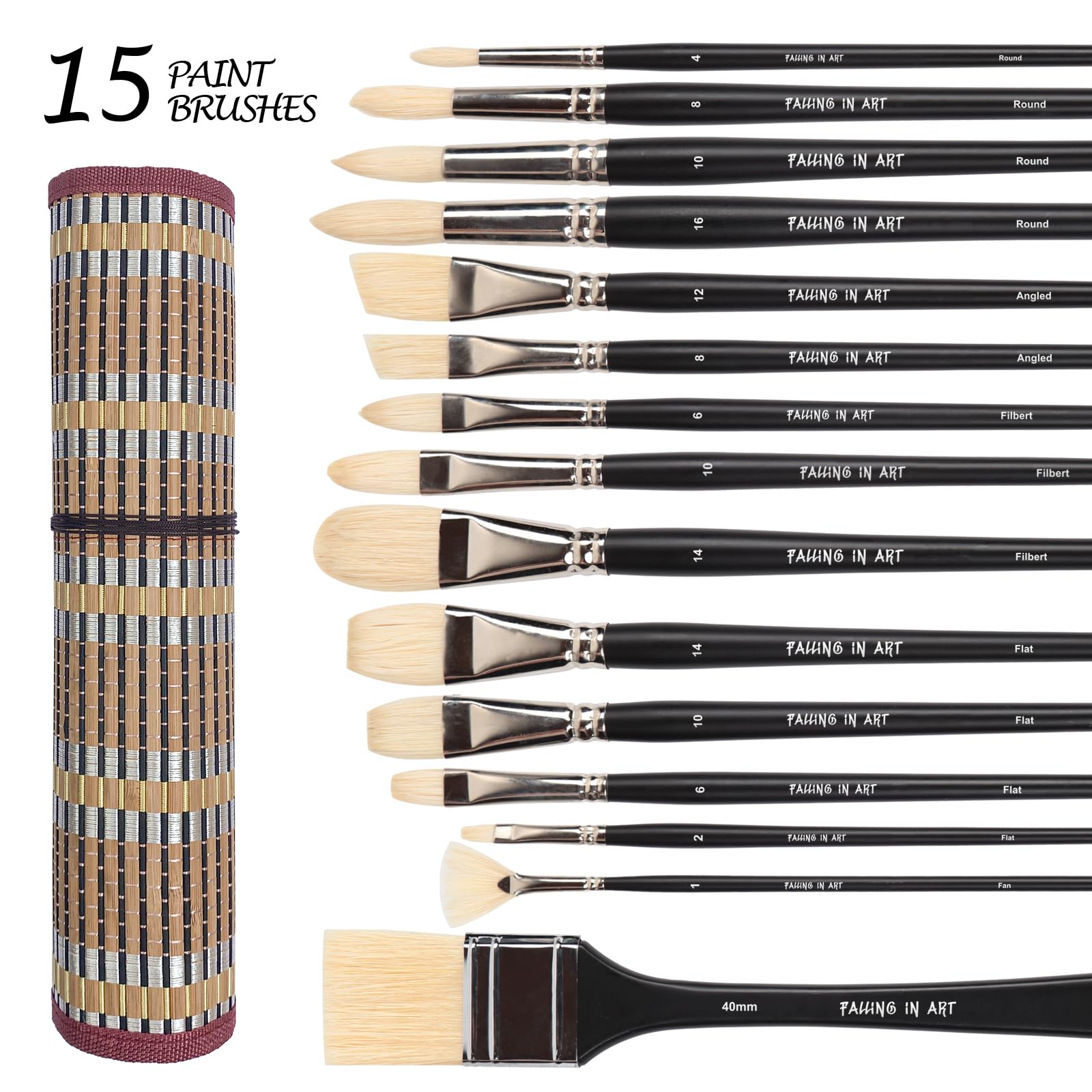 Falling in Art 15 Pcs Professional Oil Paint Brush Set, Natural Hog Bristle