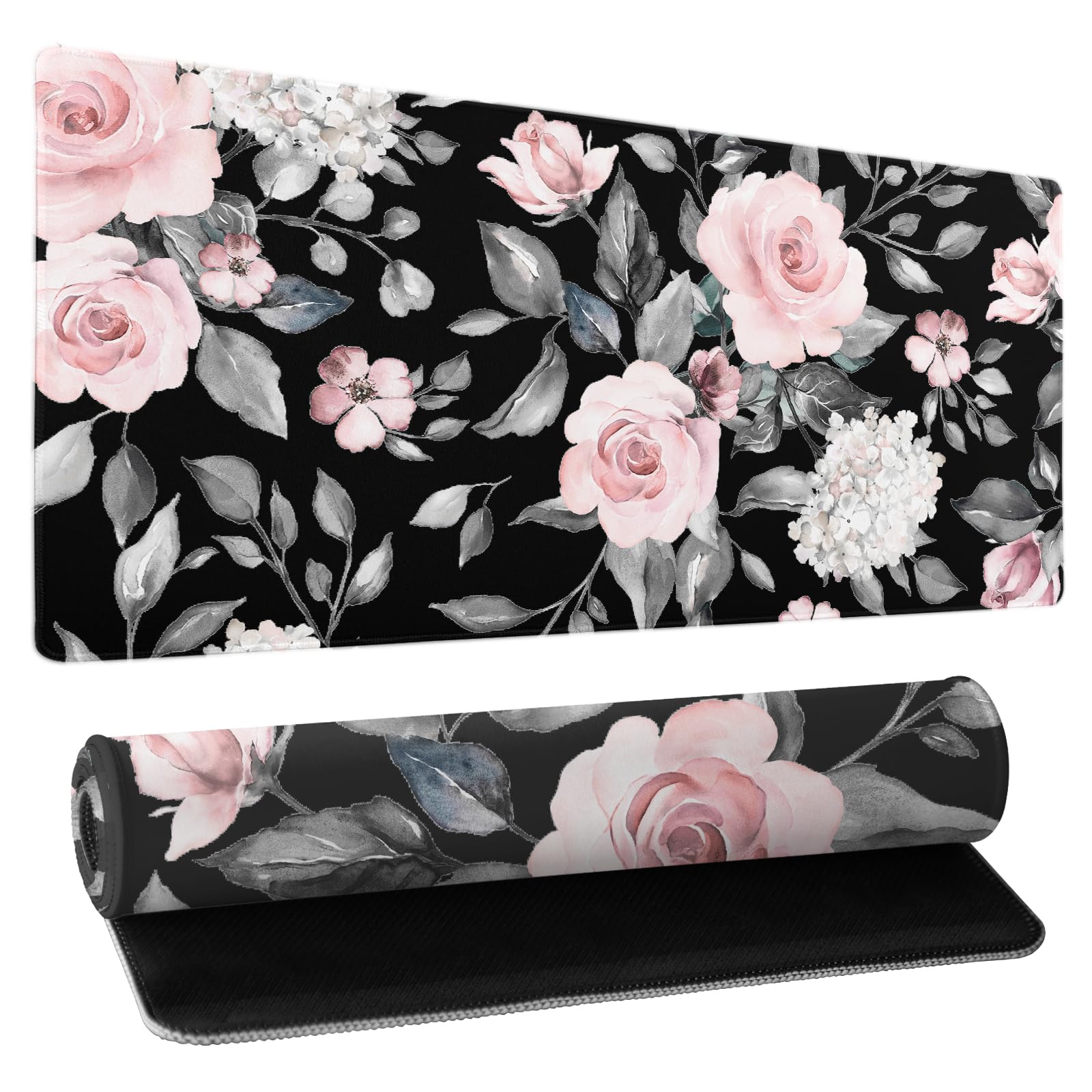 Floral Extended Gaming Mouse Pad Non-Slip Rubber Base Black Large Mousepad 31.5x11.8in with