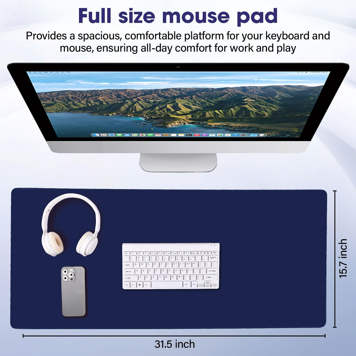 31.5" x 15.7" Waterproof Fabric Gaming Desk Mat, Rubber Anti-Slip,Navy Blue