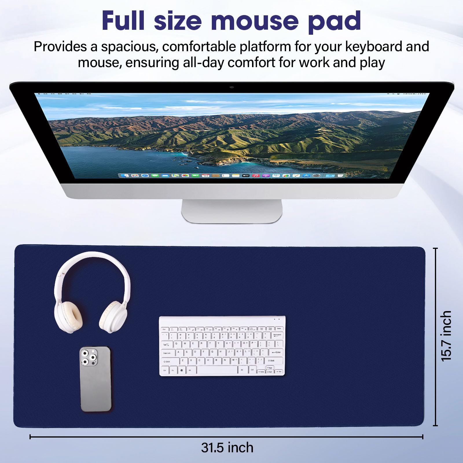 31.5" x 15.7" Waterproof Fabric Gaming Desk Mat, Rubber Anti-Slip,Navy Blue