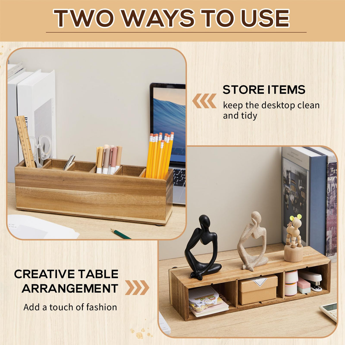 Jetec Wooden Pencil Pen Holder for Desk, Acacia Wood, 6 Compartments
