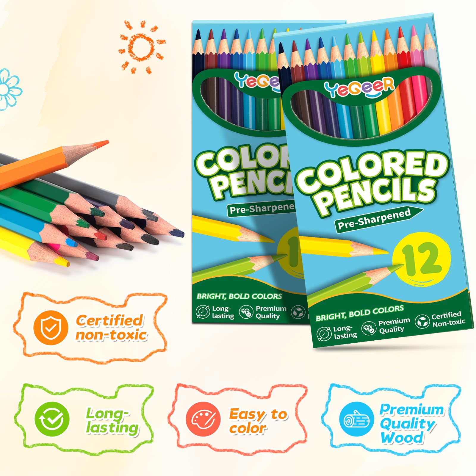 YEGEER 528 Count Colored Pencils Bulk, 12 Assorted Colors, 44 Packs Pre-sharpened Coloring Pencils