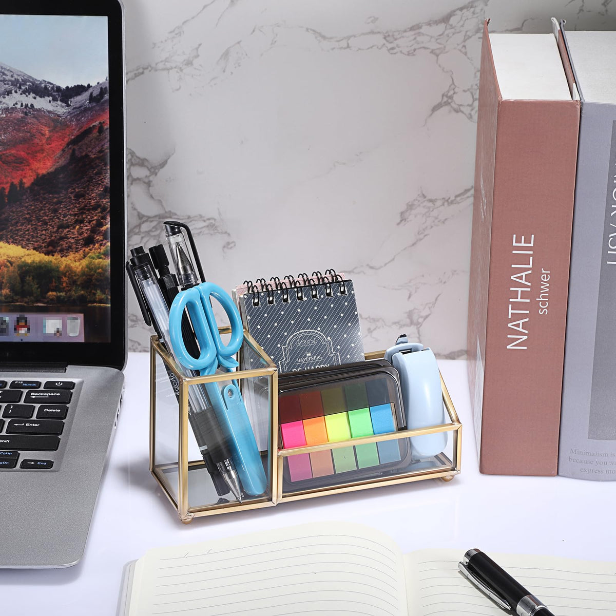 Hipiwe 2 Slots Glass Business Card Holder with Pen Pencil Cup, Gold