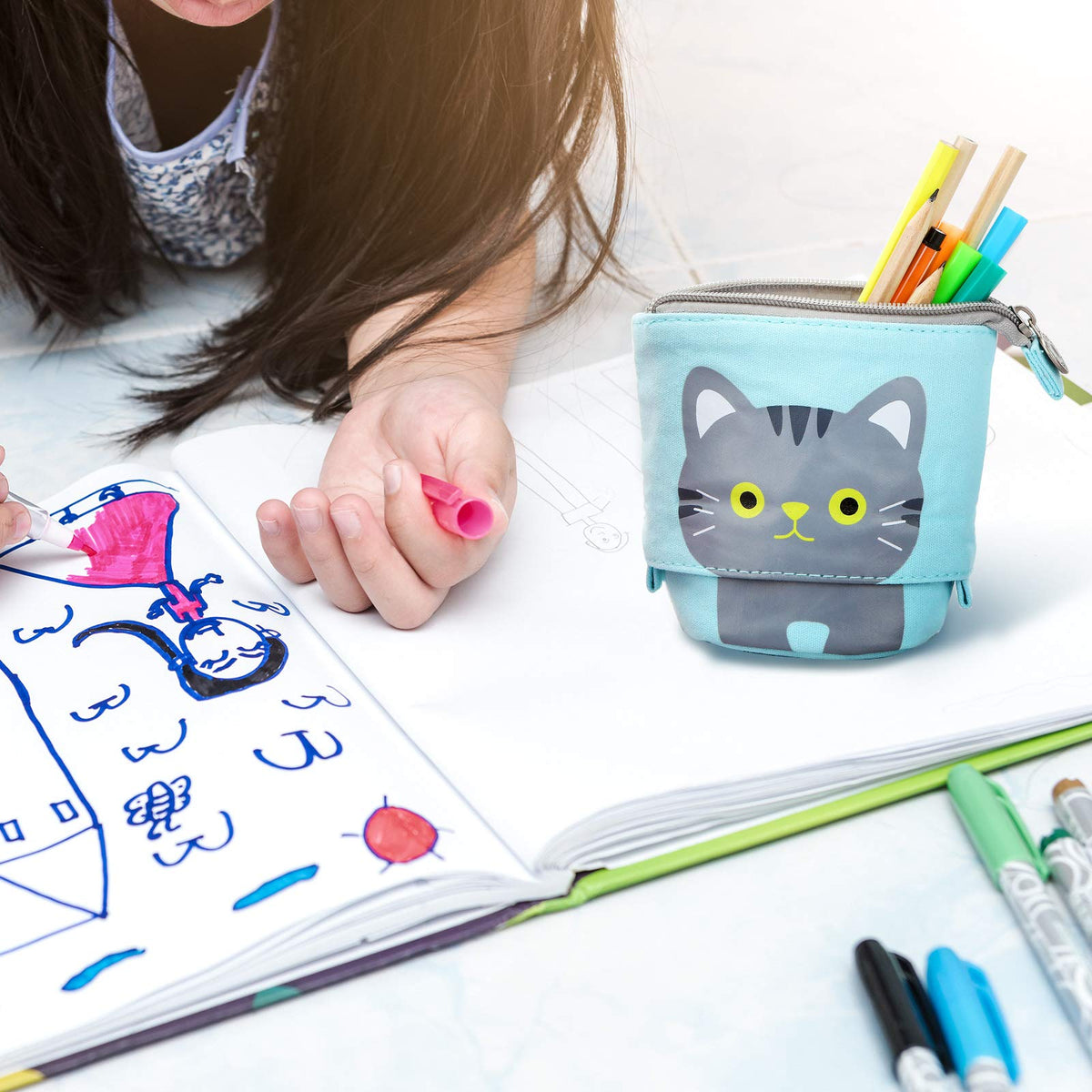 Zonon 4 Pieces Standing Pencil Case Cat Print Telescopic Pencil Case Stand up Pen Holder Canvas PU