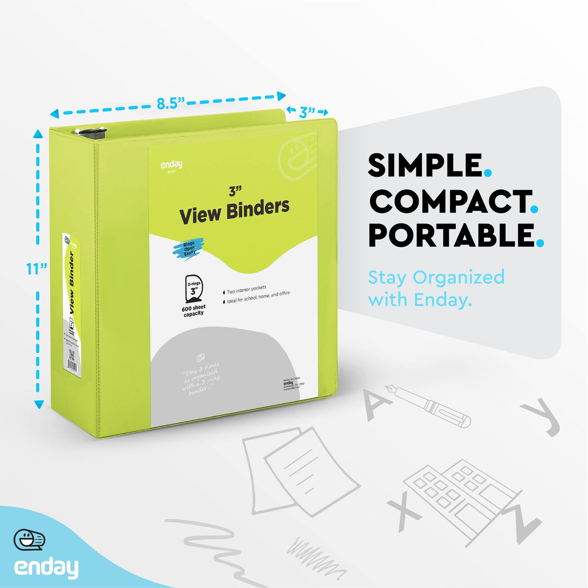 Enday 3 inch Binder (6 Pack - Green) 3 Ring Binder 3 inch with Clear View Cover and 2 Inside Pocket