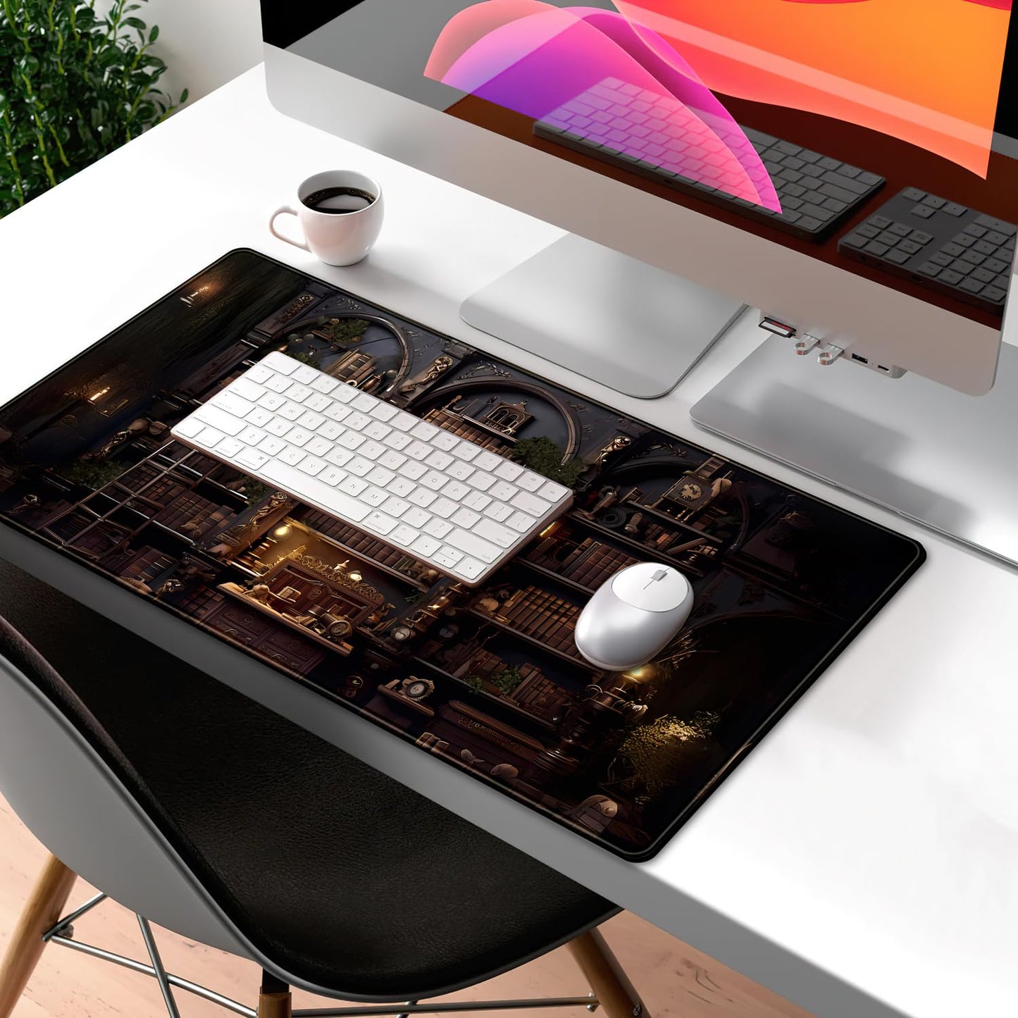Black Vintage Gothic Desk Mat Black Dark Academia Desk Pad Medieval Bookshelf Large Flower Mouse