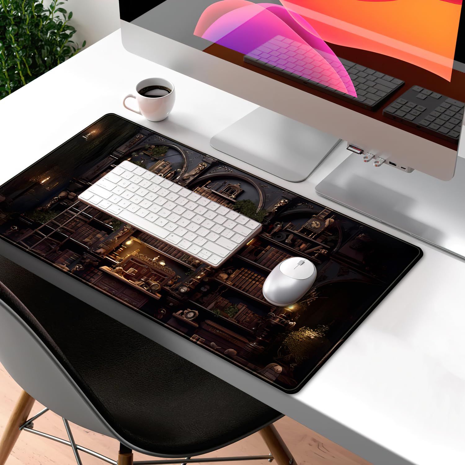 Black Vintage Gothic Desk Mat Black Dark Academia Desk Pad Medieval Bookshelf Large Flower Mouse