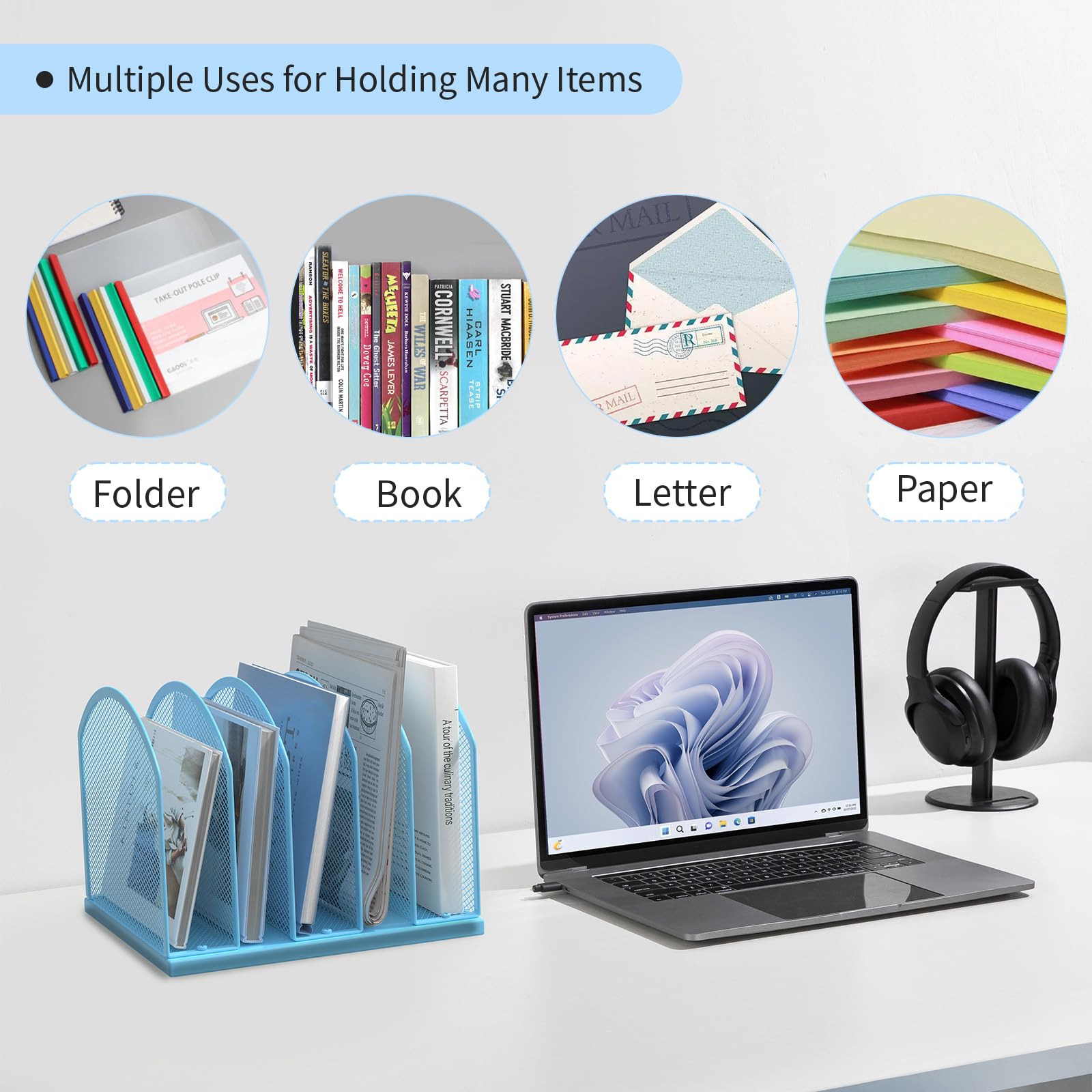 Gawerk 5-Section Vertical Desktop Organizer, 5-Section Mesh File Folder Stand Sorter for Office