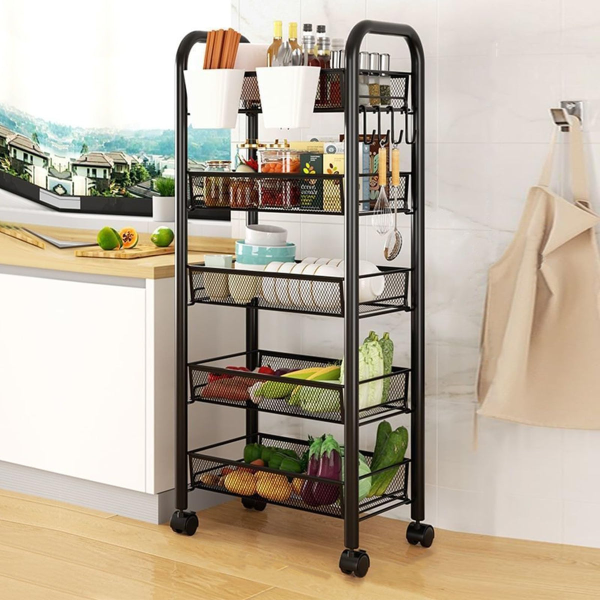 sxvbdway Fruit Vegetable Basket Storage Cart 5 Tier Snack Cart Stackable Metal Mesh Vegetable