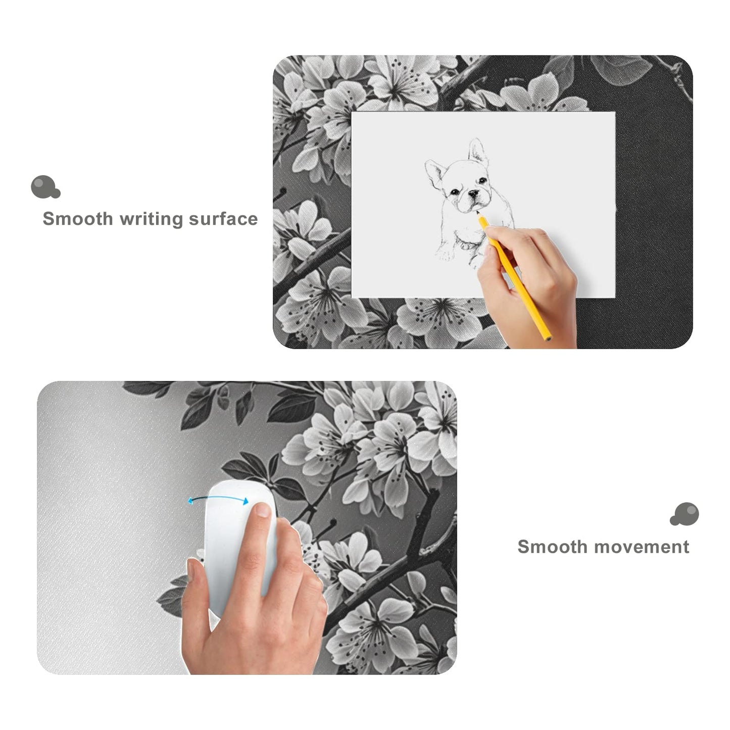 Black and White Sakura Branch Mouse Protector Mat - XL Non-Slip Mouse Pad for Gaming and Work