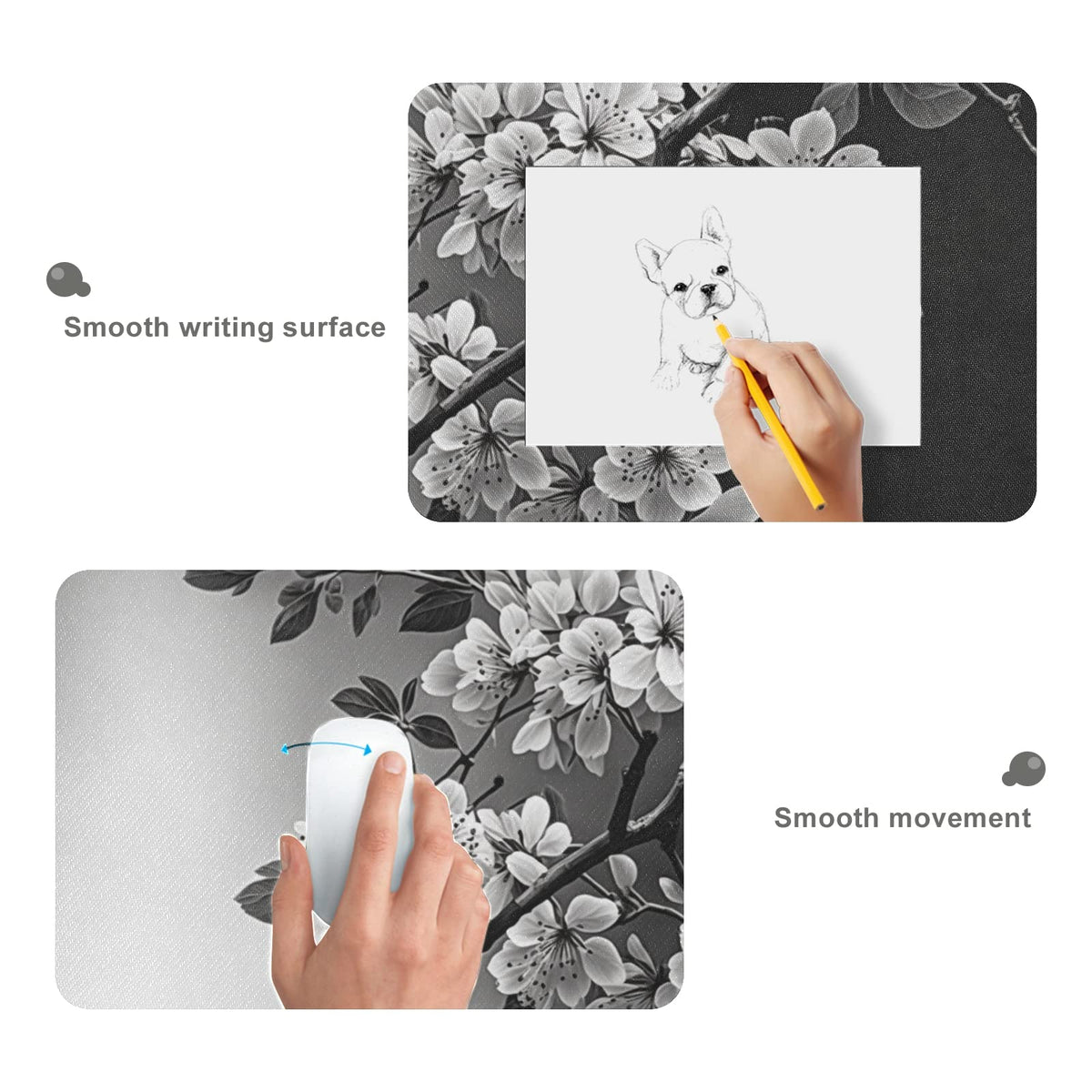 Black and White Sakura Branch Mouse Protector Mat - XL Non-Slip Mouse Pad for Gaming and Work