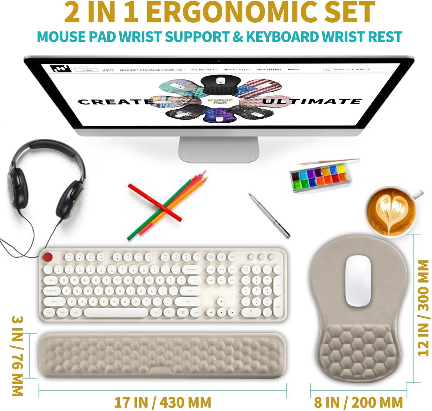 Hokafenle 2 in 1 Ergonomic Mouse Pad Wrist Support & Wrist Rest for Computer Keyboard Set, with