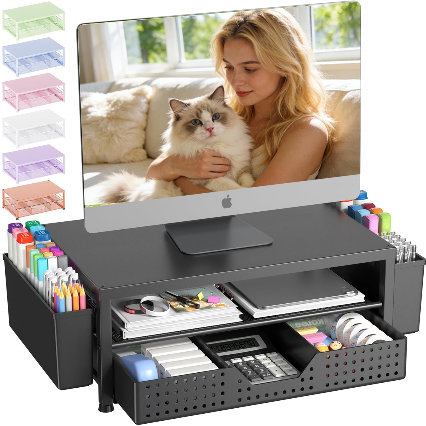 OPNICE Desk Organizers and Accessories, Computer Monitor Stand Riser with Drawer and 2 Pen Holders