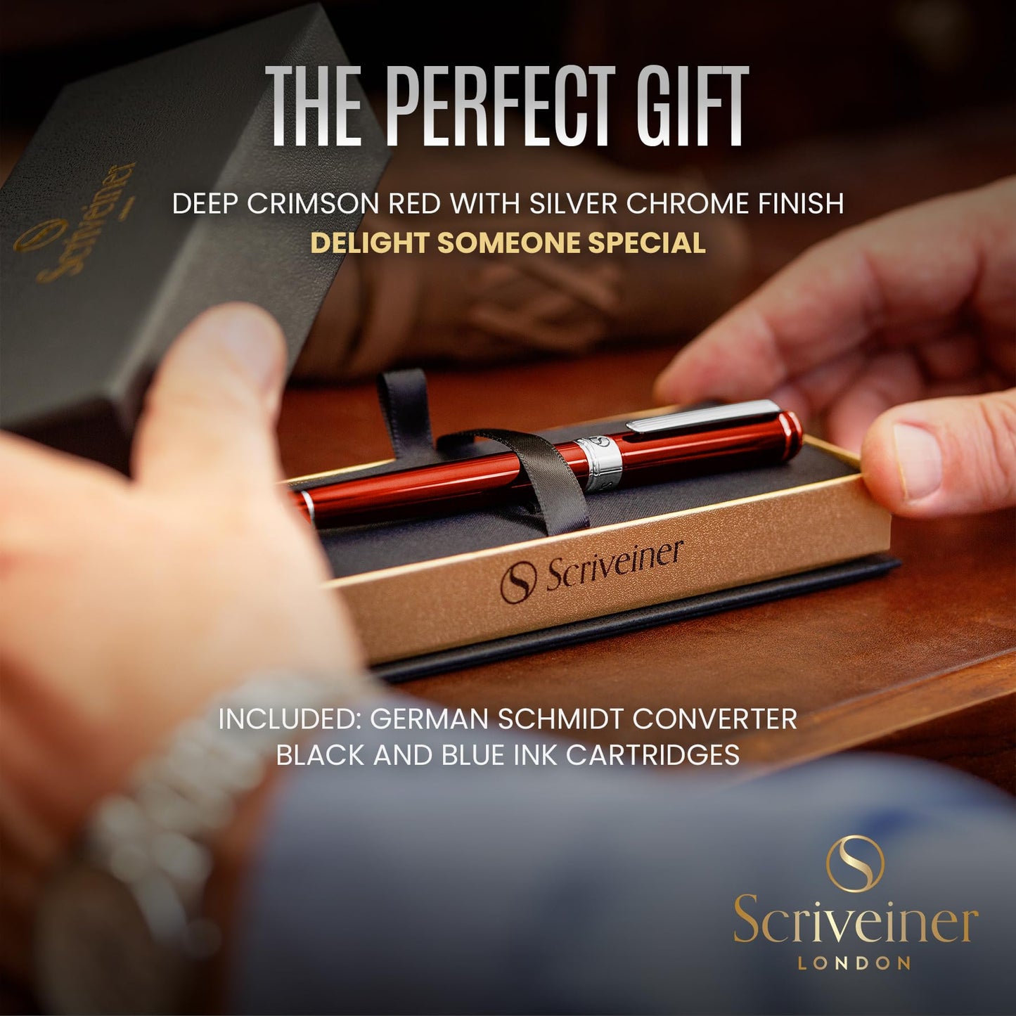 Scriveiner Deep Crimson Red Fountain Pen - Stunning Luxury Pen with Chrome Finish, Schmidt Nib