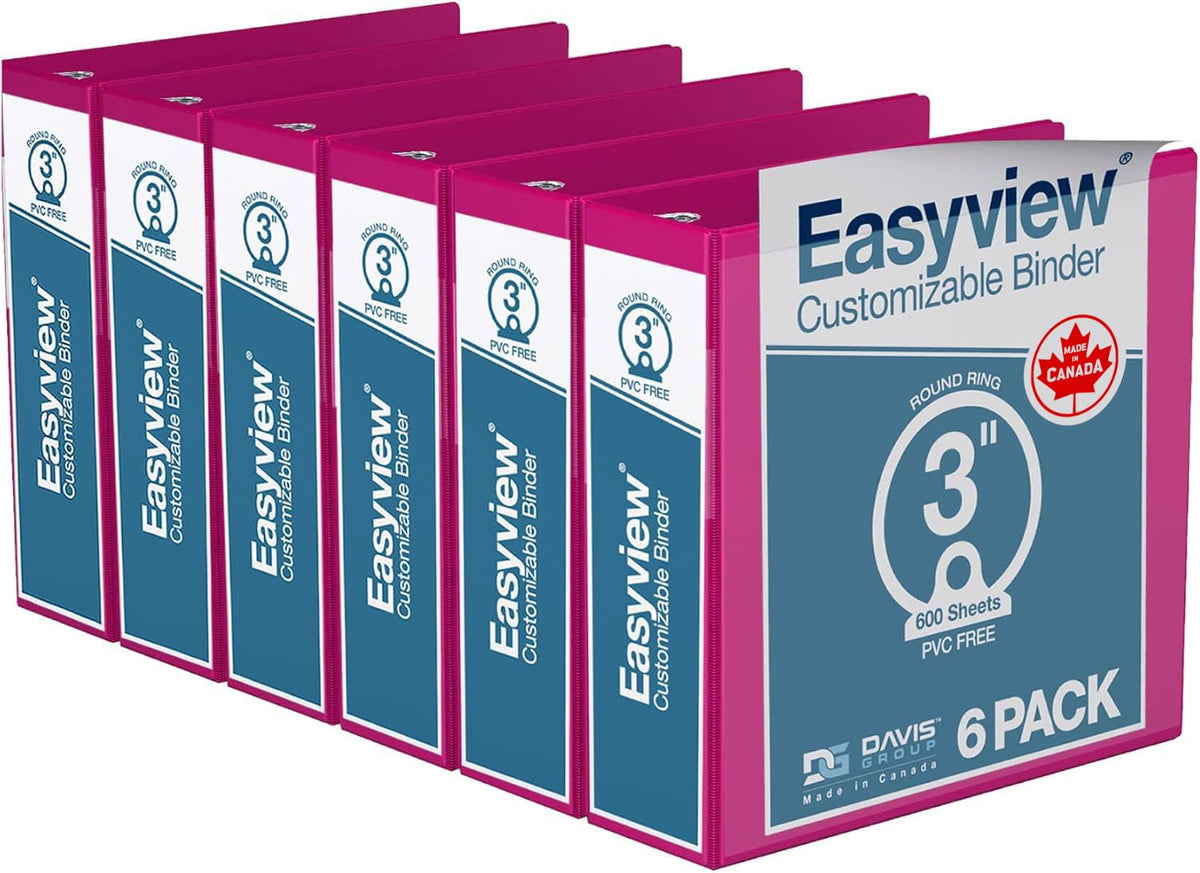 Easyview 3-Ring Binder, Clear-View Cover, 3" Round Rings, Pink, 6 Pack