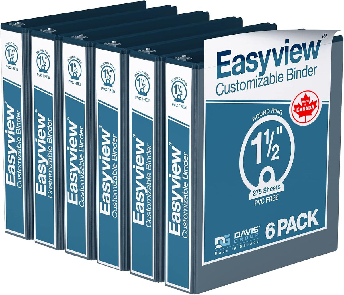 Easyview 3-Ring Binder, Clear-View Cover, 1.5" Round Rings, Navy Blue, 6 Pk