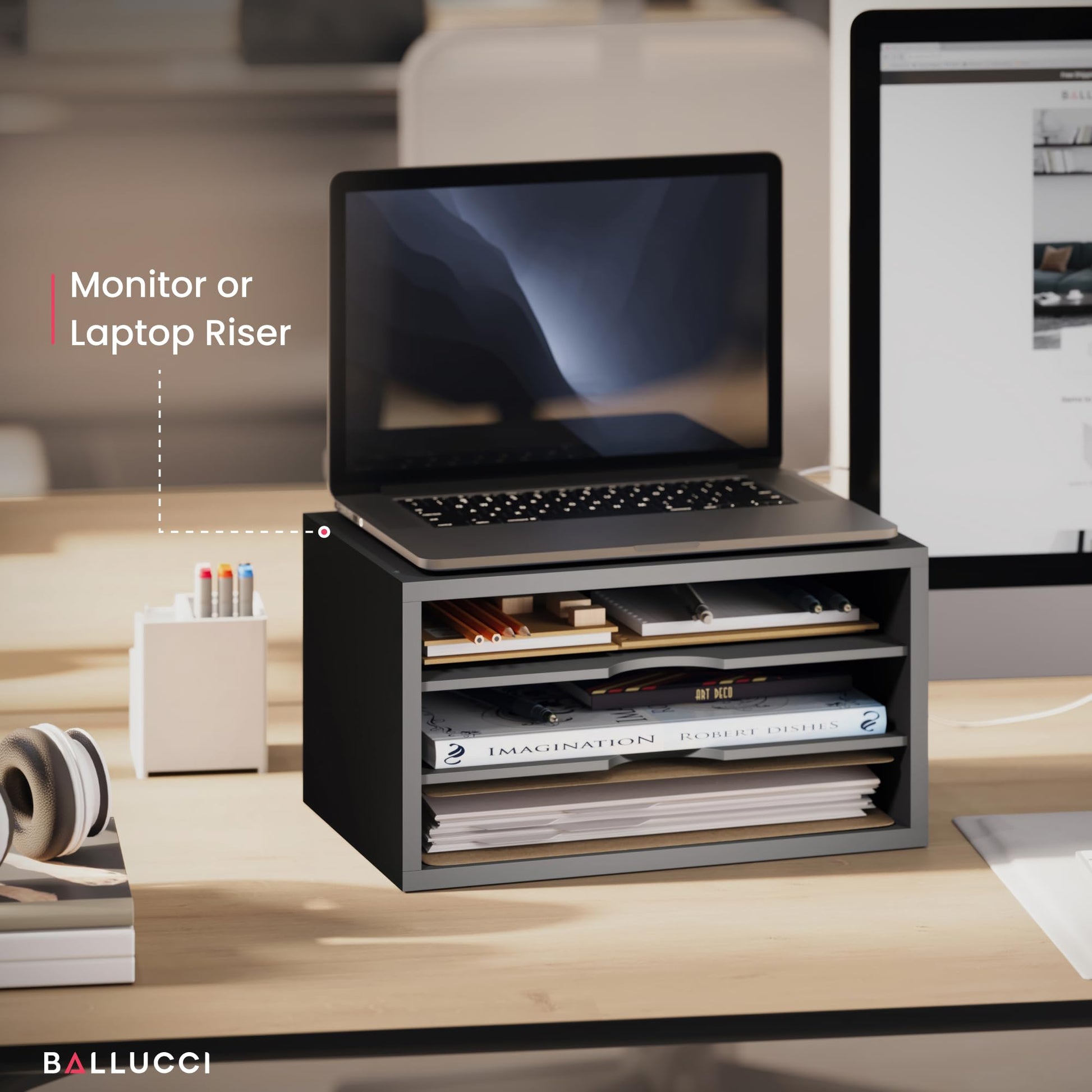 Ballucci File Organizer, 3-Tier Document Paper Sorter, Stackable Wood Desk Organizer, Mail Sorter