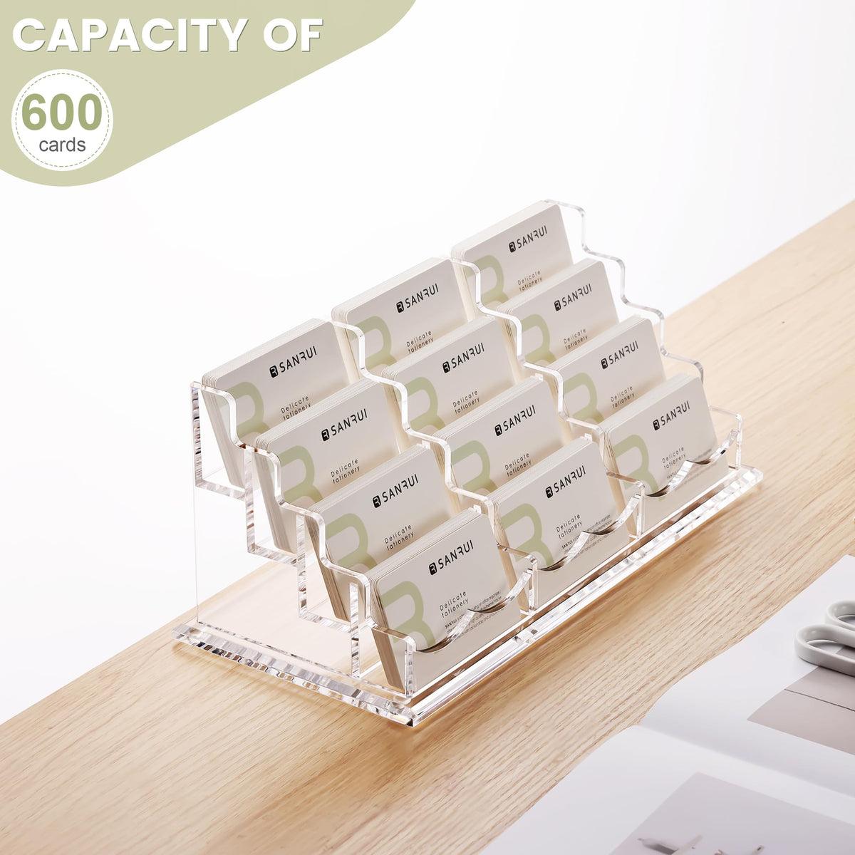 SANRUI Acrylic Business Card Holder for Desk, 12-Slot Horizontal Clear
