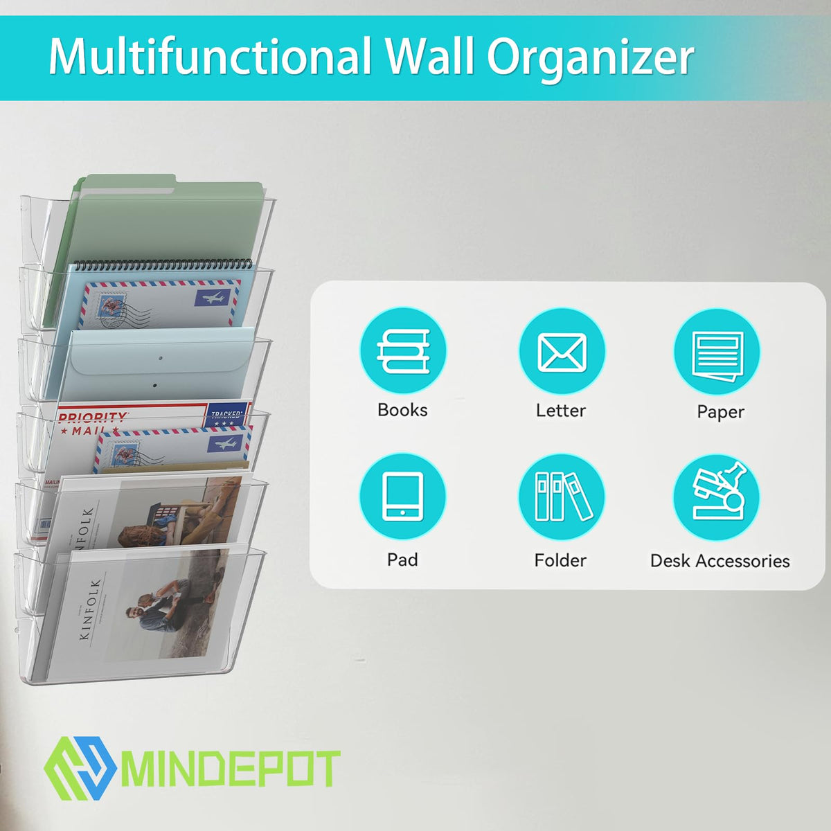 MINDEPOT 6 Pockets Acrylic Wall File Organizer Clear File Holder for Office