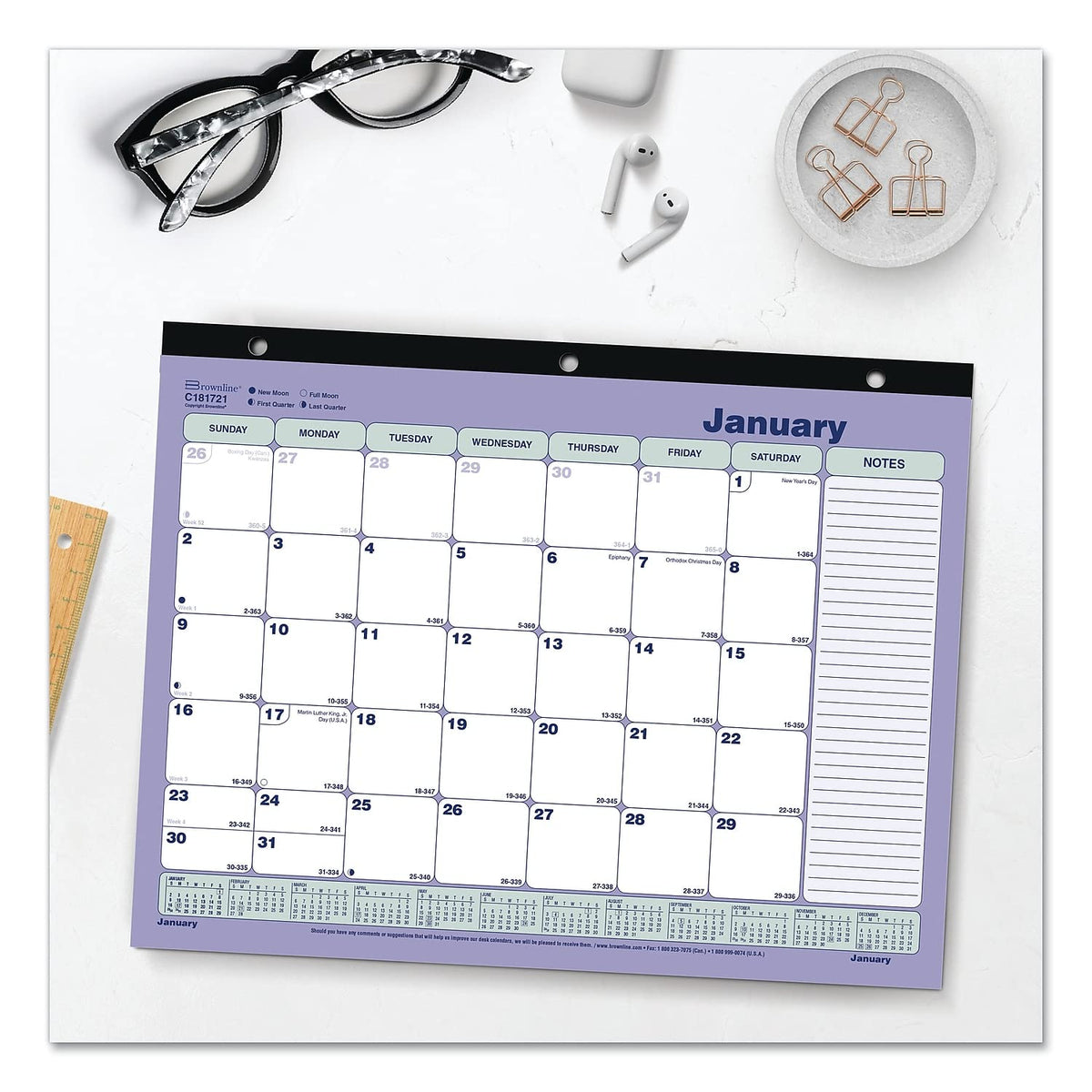 Brownline Monthly Desk Pad Calendar, 11 x 8.5, White/Blue/Green Sheets, Black Binding, 12-Month
