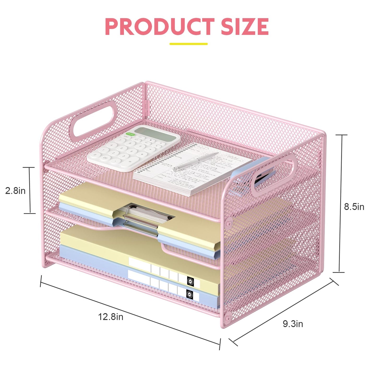 Samstar 3 Tier Pink Letter Tray Paper Organizer with Handle, Mesh Desk Organizer Paper Sorter File