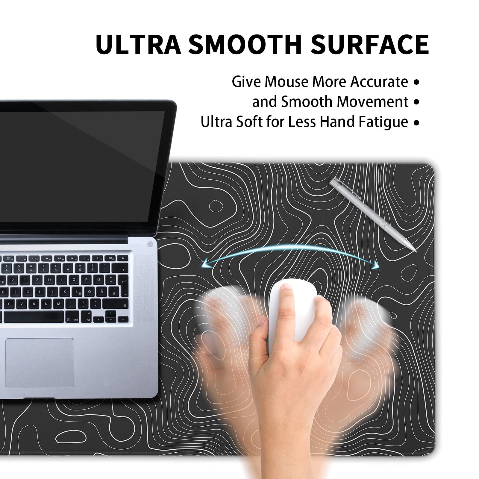 Topographic Map Large Mouse Pad XL Black Lines Contour Geographic Extended Large Desk Mat Big Desk