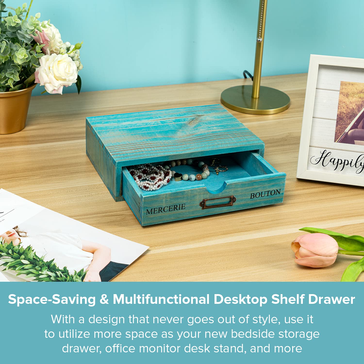 Turquoise Single Drawer Unit - European Country Style Desk Organizer Box - 9.7x7x2.6 Teal Wooden
