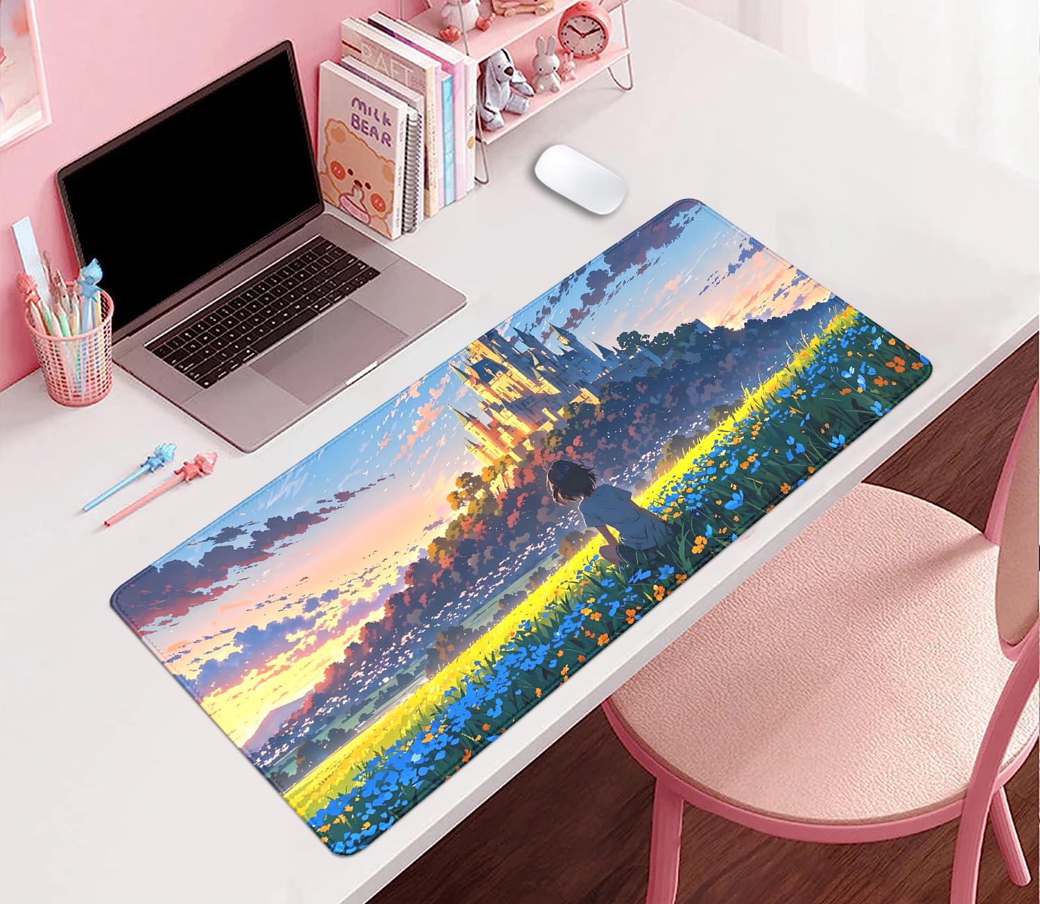 Cartoon Cute Fantasy Castle Sky Flowers Children Extended Desk Pad Mouse Pad,Stitched Edges