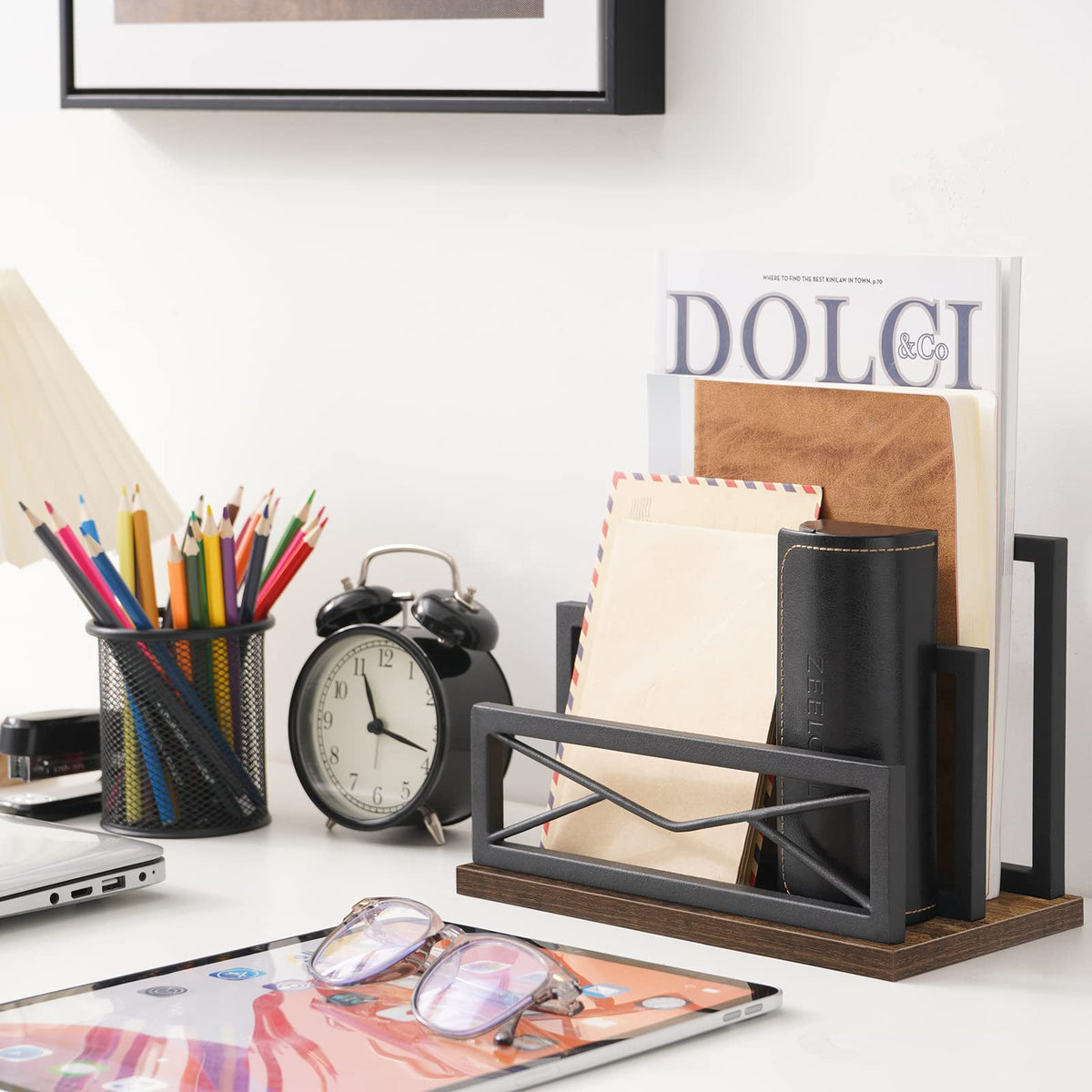 Snughome Desktop Mail Organizer, Desk Mail Organizer with 2-Slot Matte Black Metal Desktop Mail