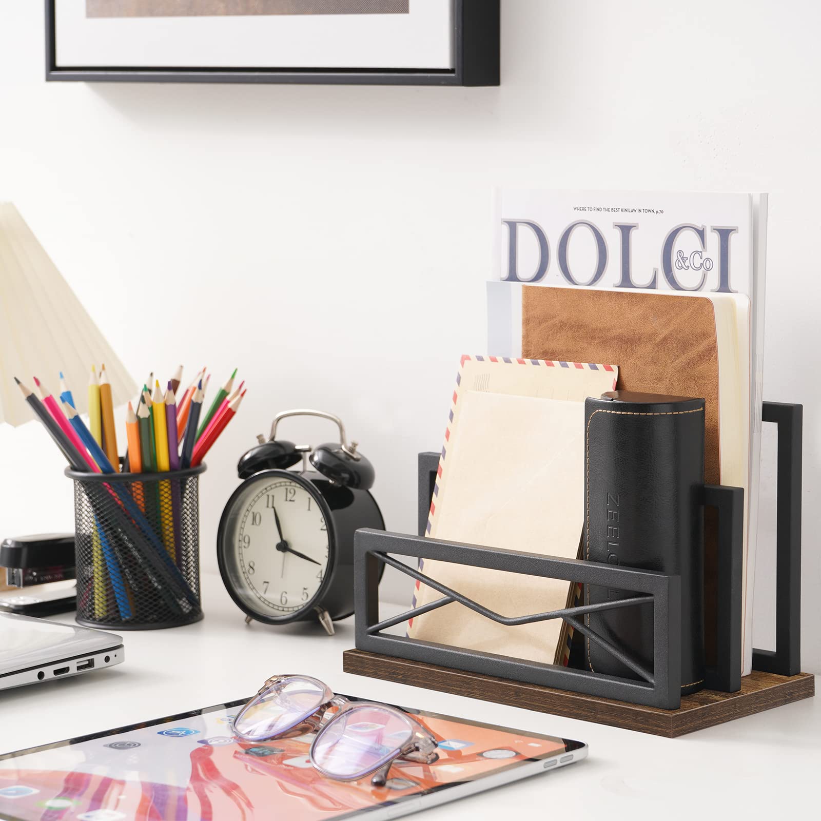 Snughome Desktop Mail Organizer, Desk Mail Organizer with 2-Slot Matte Black Metal Desktop Mail
