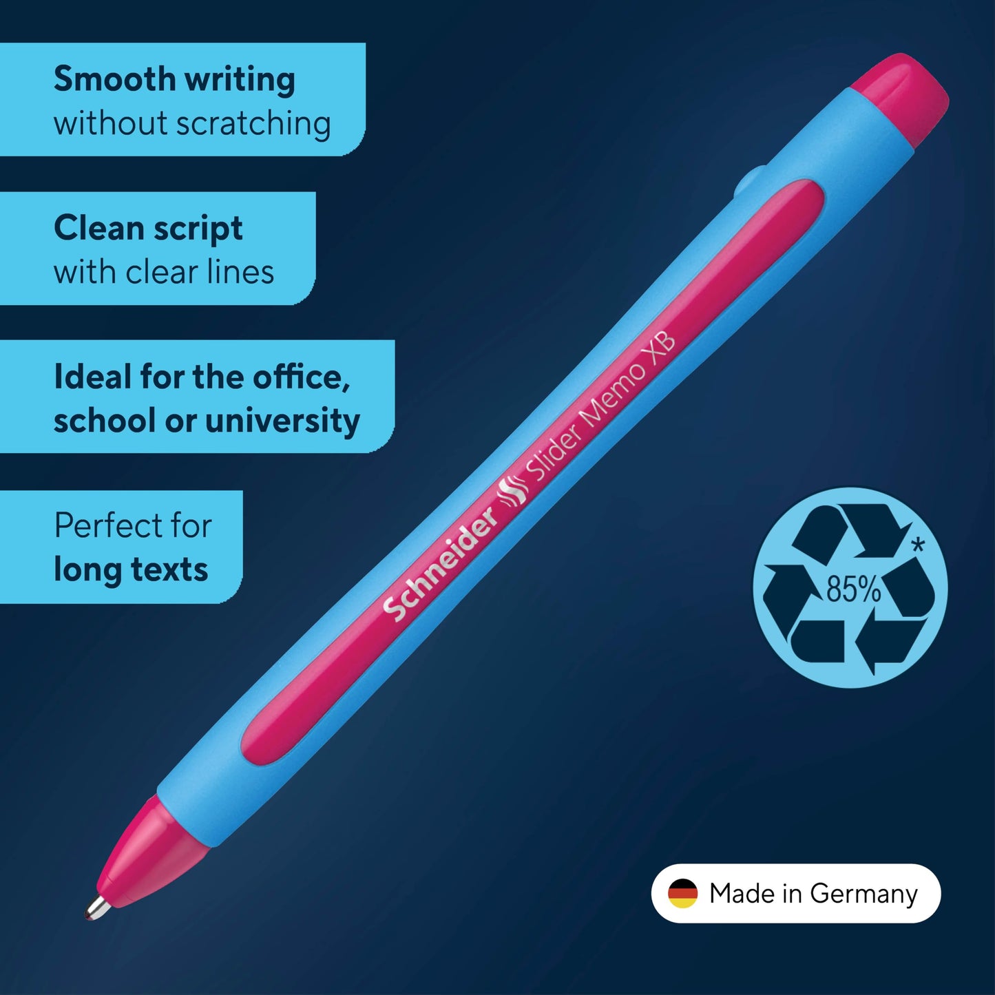 Schneider Slider Memo XB (Extra Broad) Ballpoint Pen, 1.4 mm, Light Blue Barrel, Pink Ink, Box of