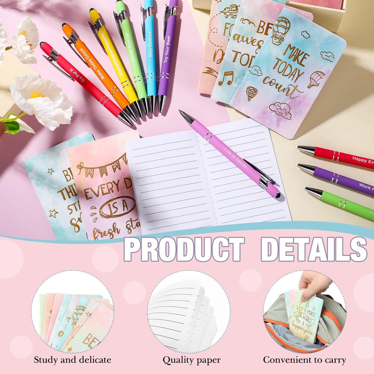 PerKoop 48 Pcs Inspirational Gifts Bulk Motivational Employee Notepads Ballpoint Pens Keychains Set