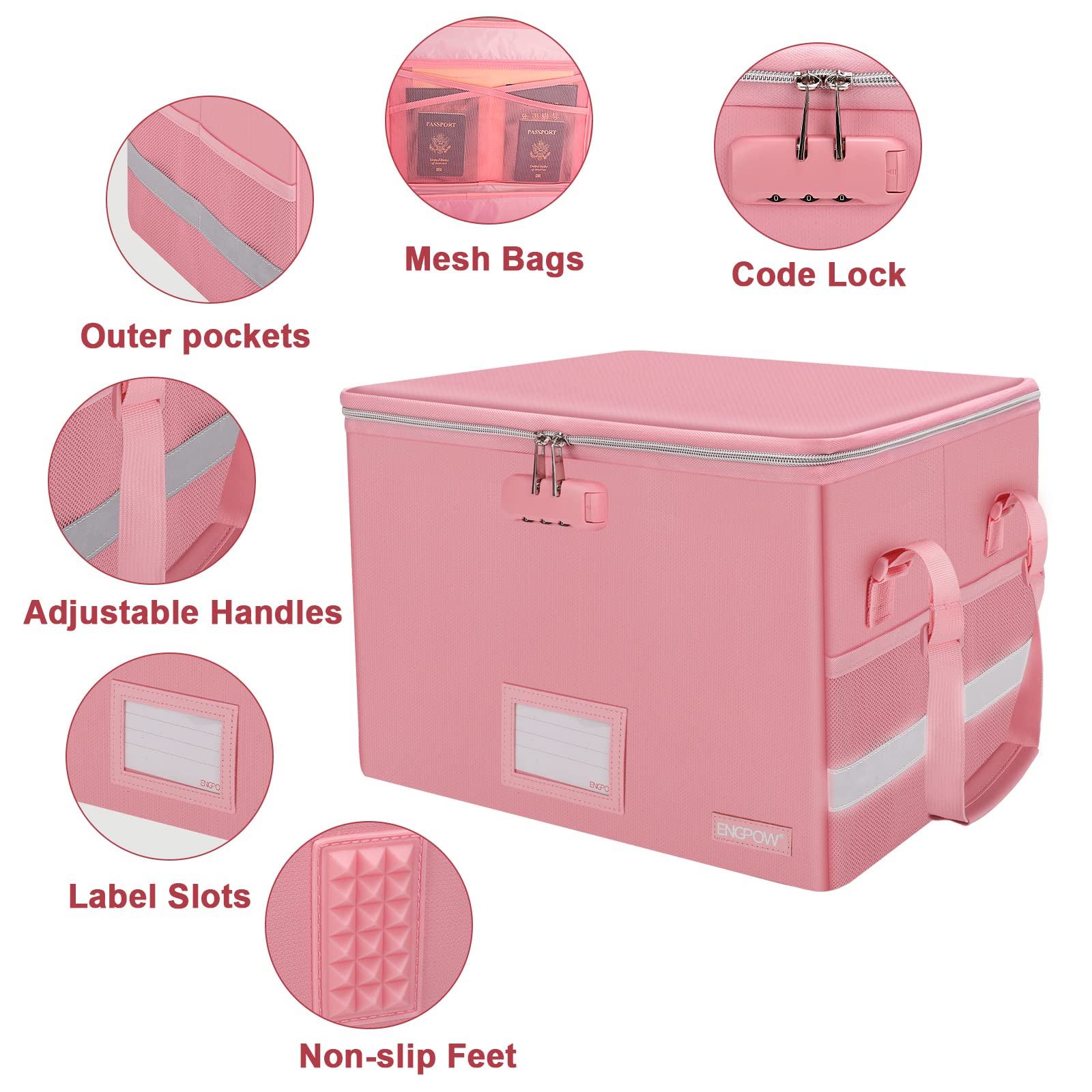 ENGPOW File Box with Lock, Fireproof Document Box with Zipper＆Pockets, Collapsible File Organizer