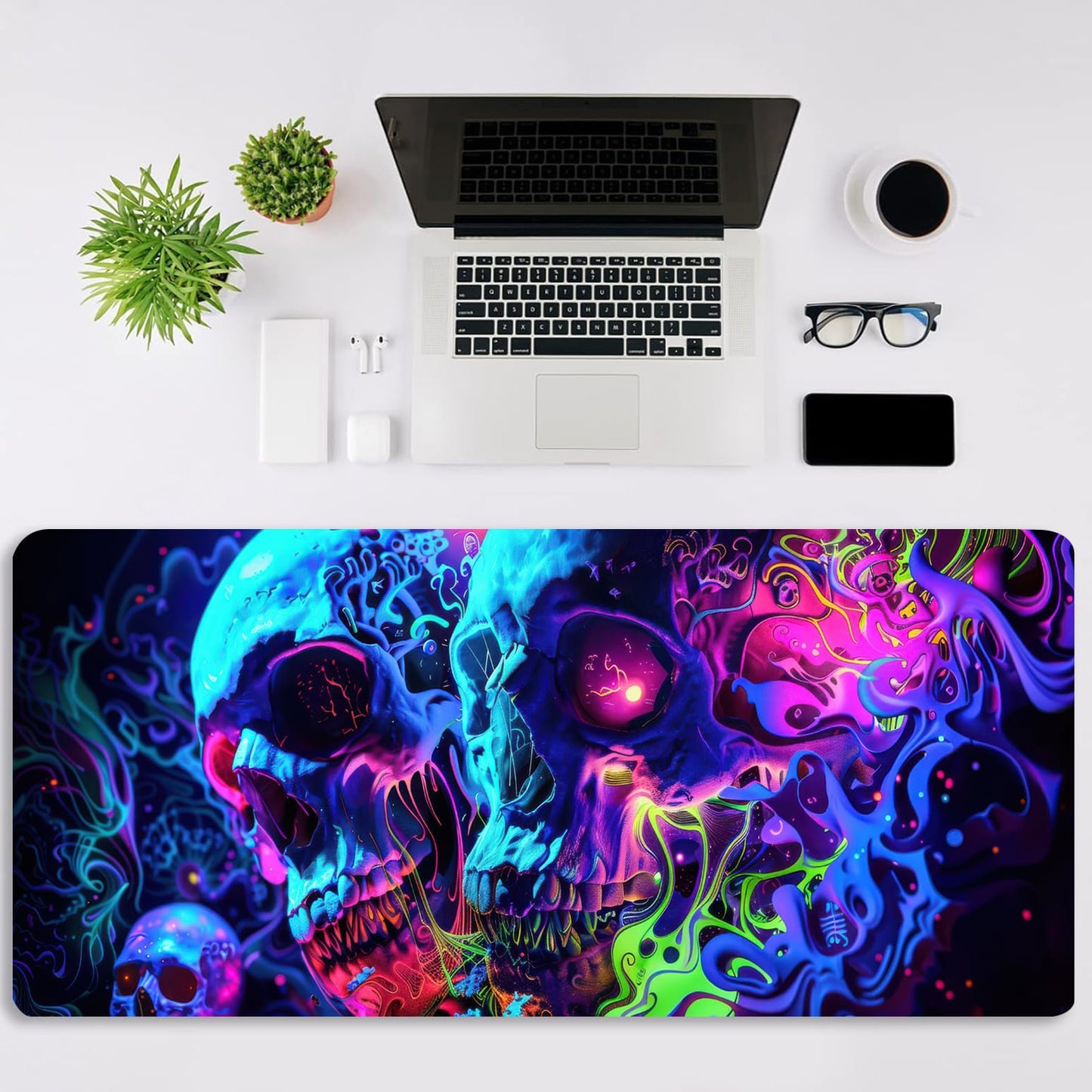Simpkeely Horror Skull Mouse Pad, Large Waterproof Blacklight Colorful Skeleton Neon Gaming
