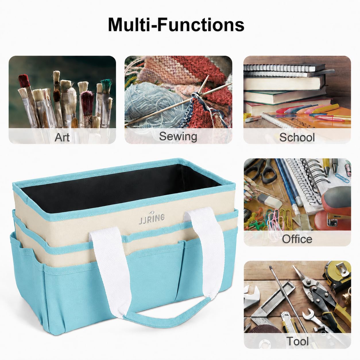 JJRING Craft Organizer Tote Bag Art Storage Caddy Sky Blue and Beige