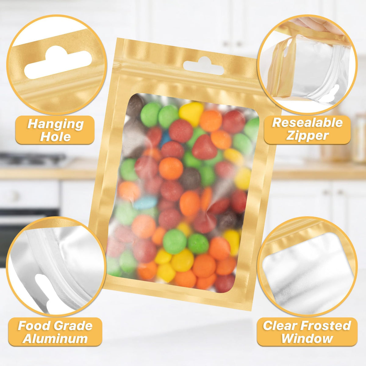 ANZNKU 100Pcs Colorful Mylar Bags, Resealable Smell Proof Zip Goodie Baggie