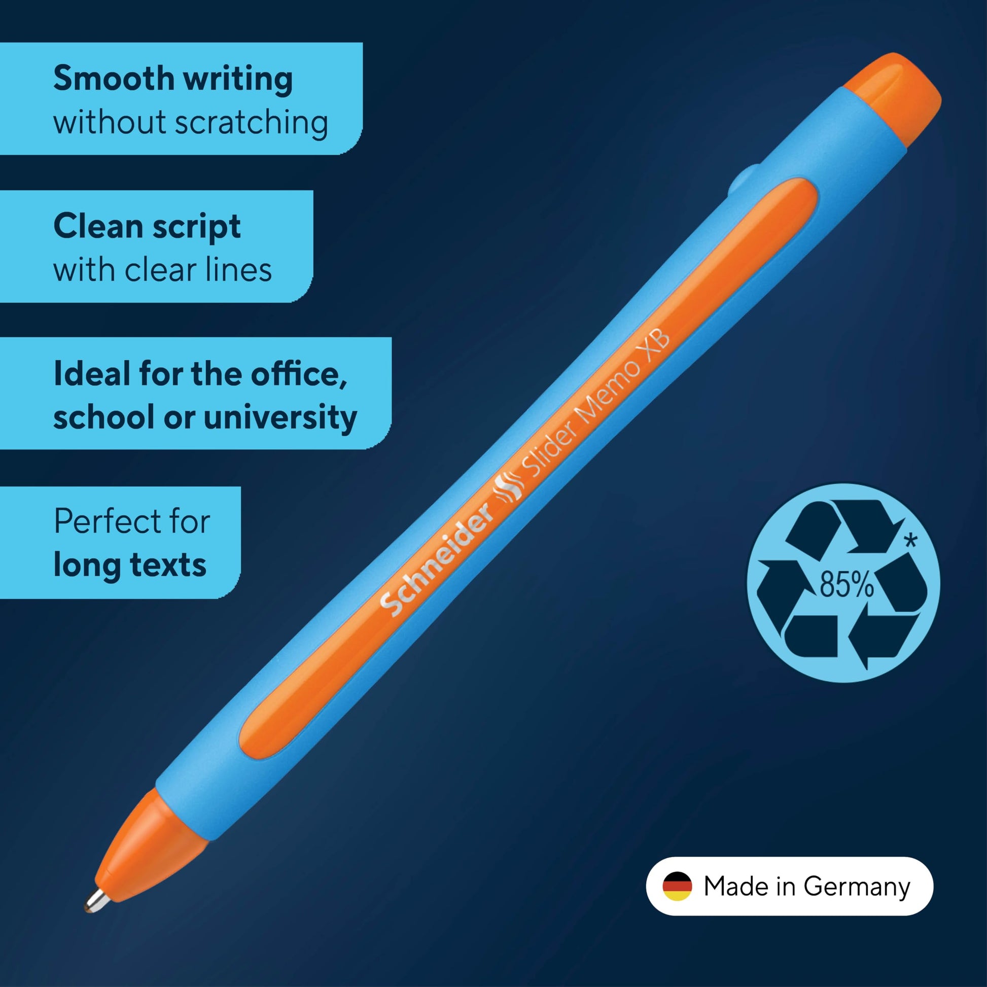 Schneider Slider Memo XB (Extra Broad) Ballpoint Pen, 1.4 mm, Light Blue Barrel, Orange Ink, Box of