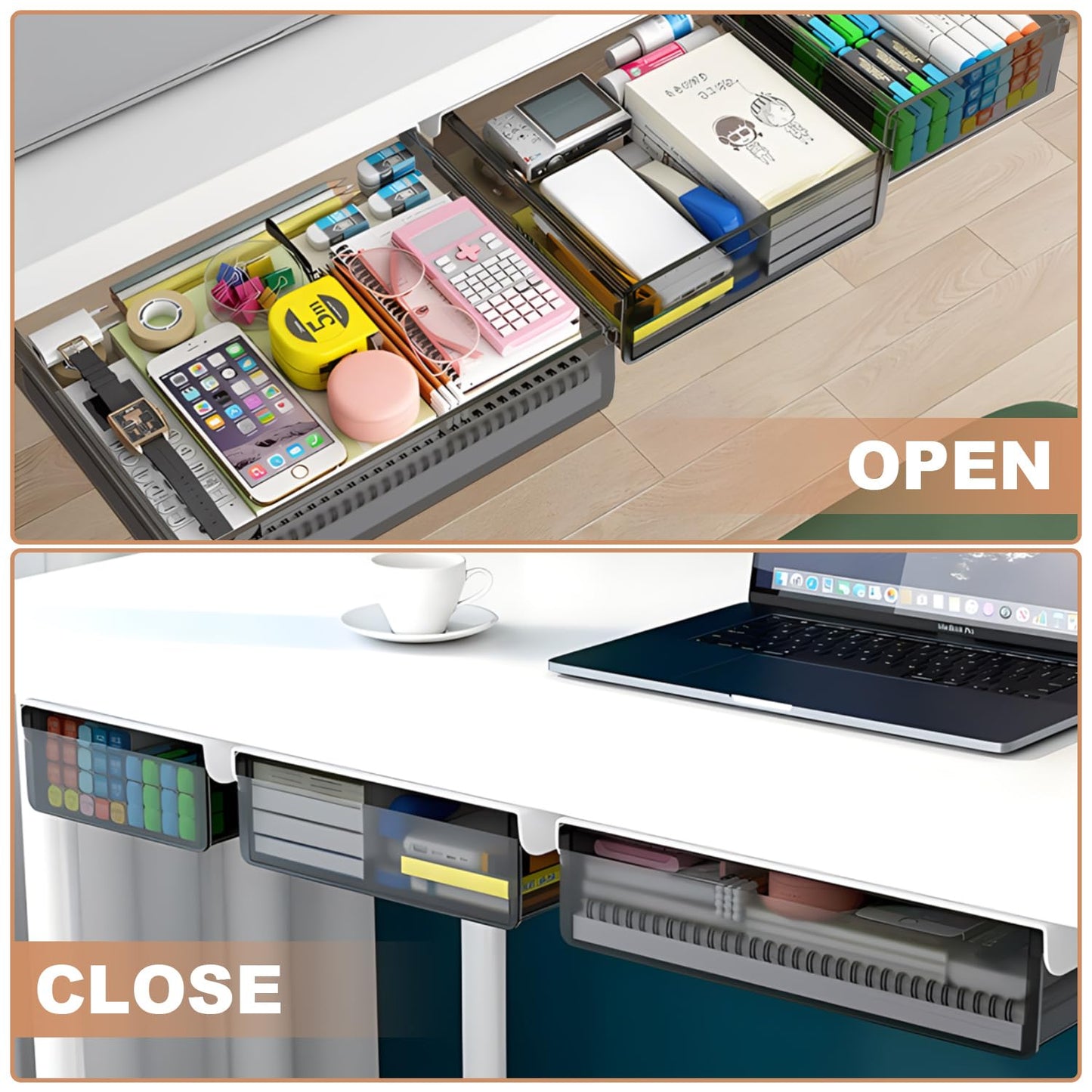 SVNNELP Under Desk Table Drawer Storage Organizer,3 Pack Large & Medium & Small Slide Out Desk