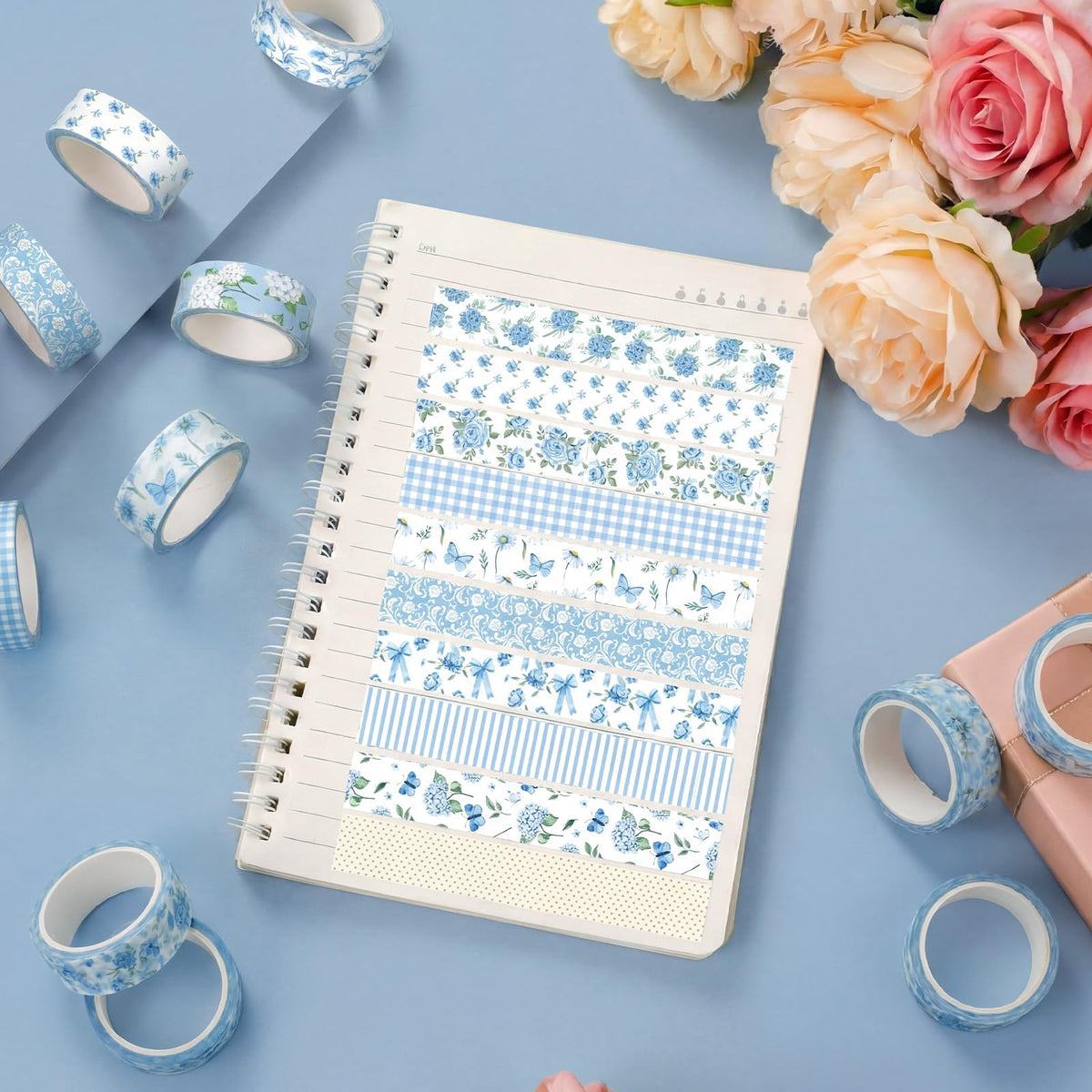 YooNotee 12 Rolls Floral Washi Tape Set,Blue,Rose