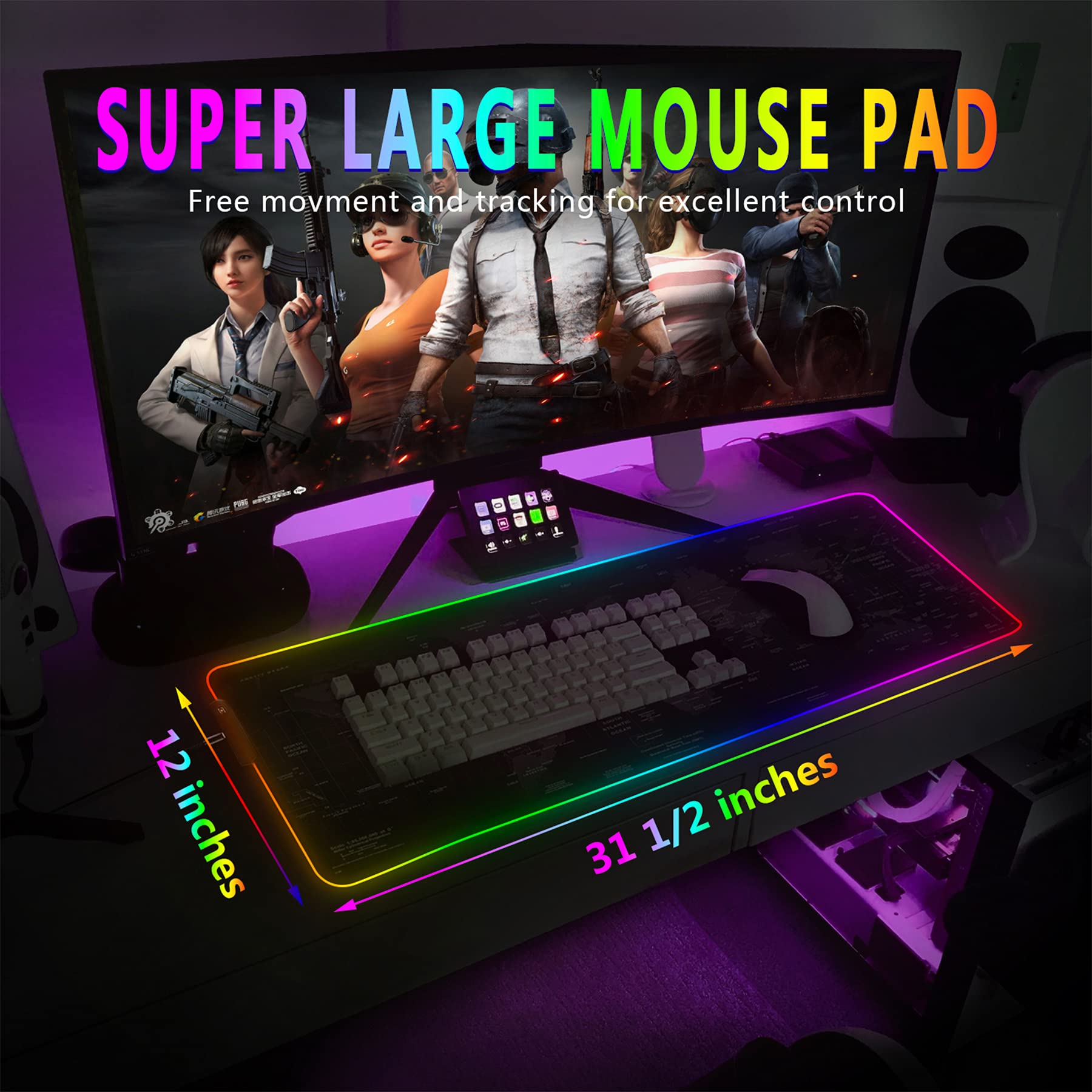 RGB Gaming Mouse Pad 31.5" x 12" – Large Extended LED Mouse Pad with 11 Lighting Modes, World Map