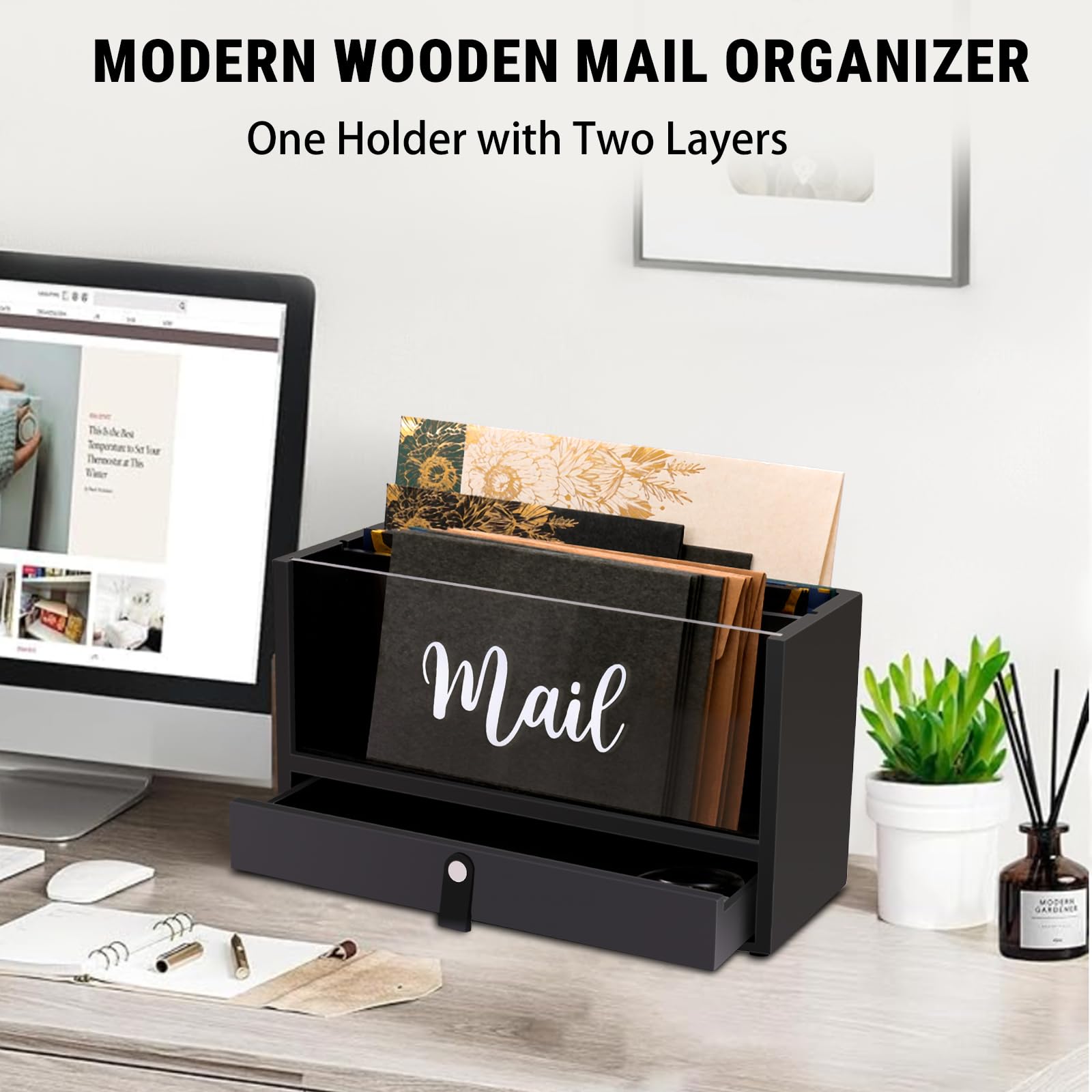 Two-Layer Solid Wooden Mail Storage Organizer Holder with Clear Acrylic Top and Bottom Drawer