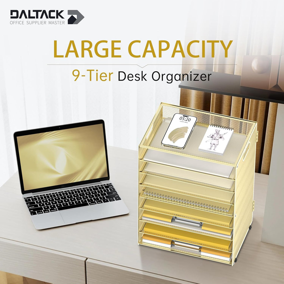 9-Tier Paper Organizer for Desk, Metal Mesh Letter Tray with Handles, Gold