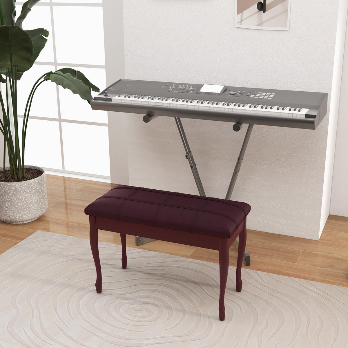 GIANTEX Duet Piano Bench with Storage, Keyboard Bench with Padded Cushion, Solid Wood Legs, Storage