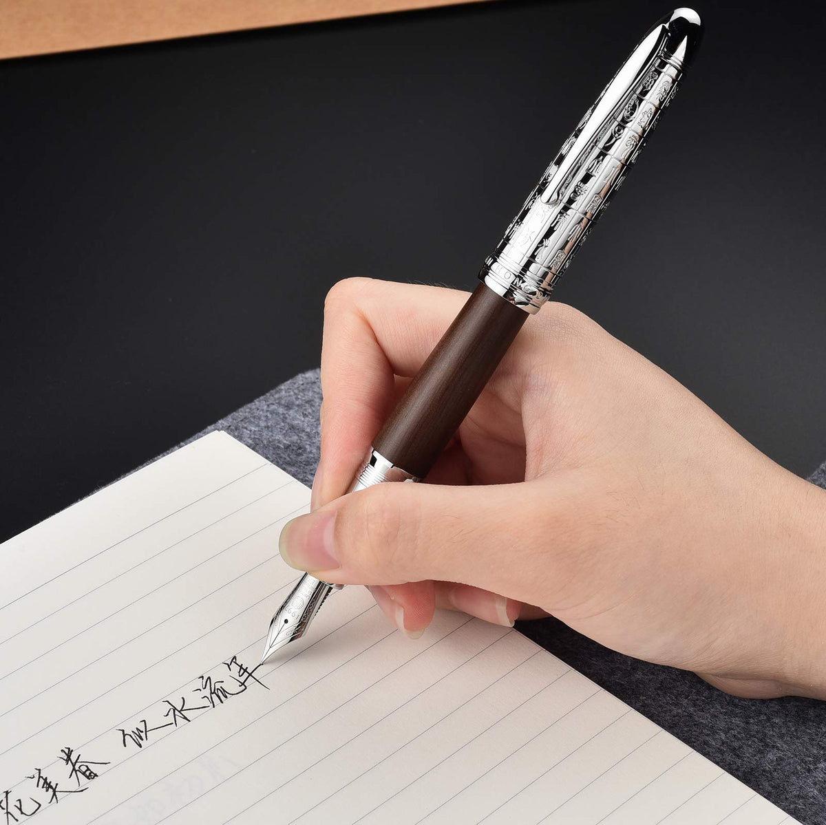 Asvine Hongdian 6016 Natural Wood Fountain Pen, Iridium Fine Nib Writing Pen with Metal Pen Case
