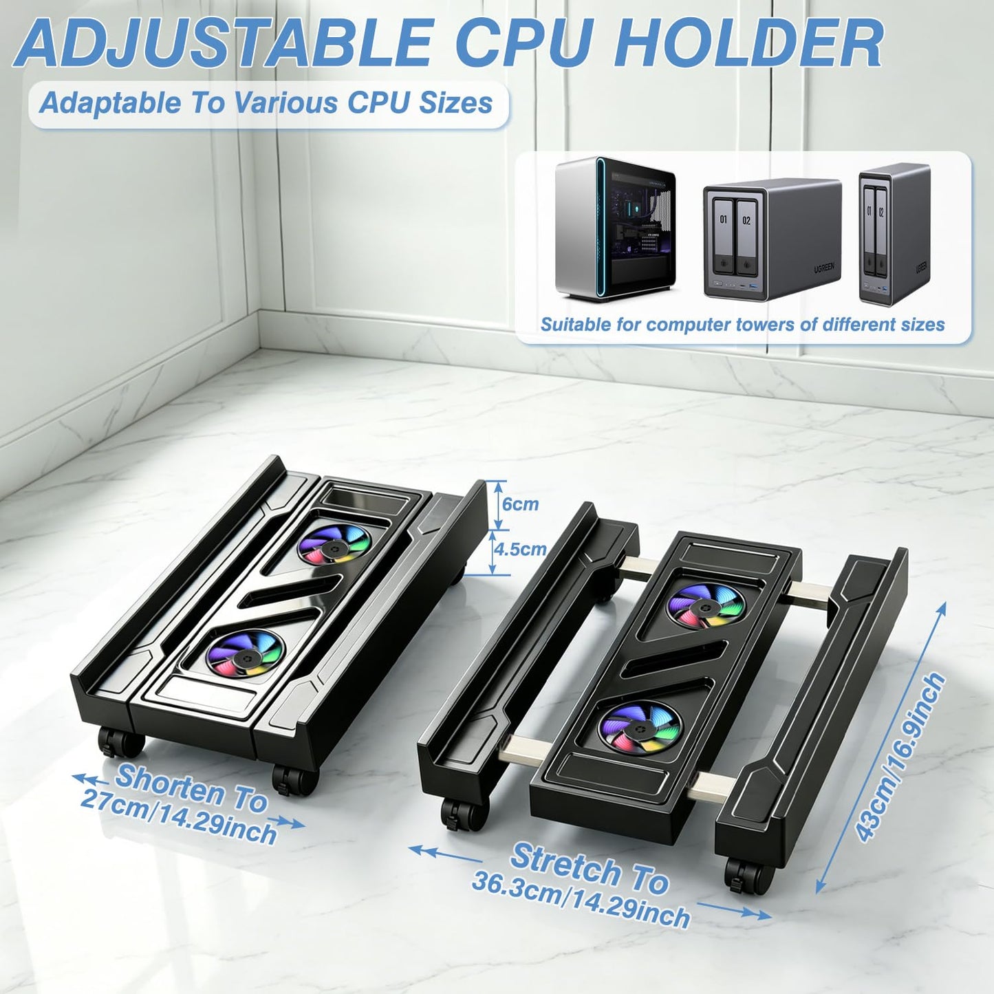 Hmseng PC Stand for PC Tower With F, Computer Desktop Stand with 4 Lockable Castors, Universal