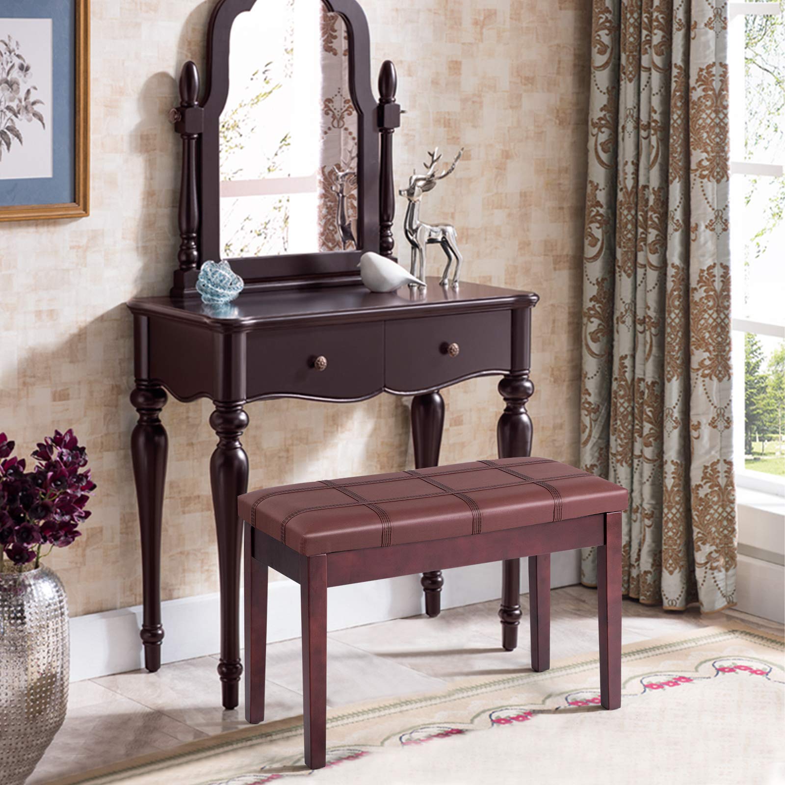 Giantex Duet Piano Bench with Storage, Keyboard Bench with Padded Cushion, Solid Wood Legs, Storage